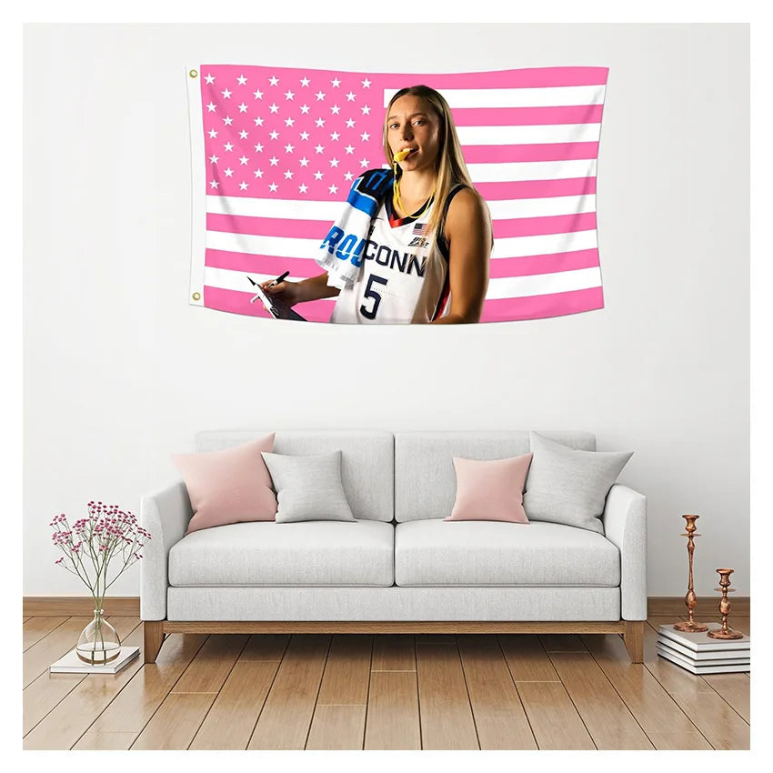 A pink and white striped flag tapestry featuring a woman in a sports jersey with a gold chain.