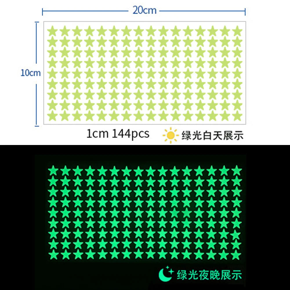 A grid of 144 glow-in-the-dark stars on a light green background, showing both day and night illumination.