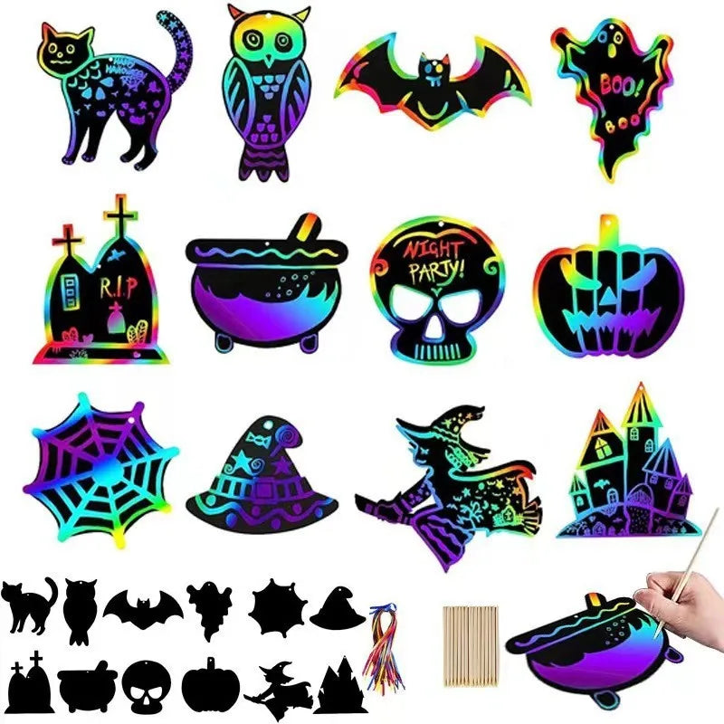 A collection of colorful Halloween themed scratch art cards featuring bats, ghosts, skulls, and spooky designs.