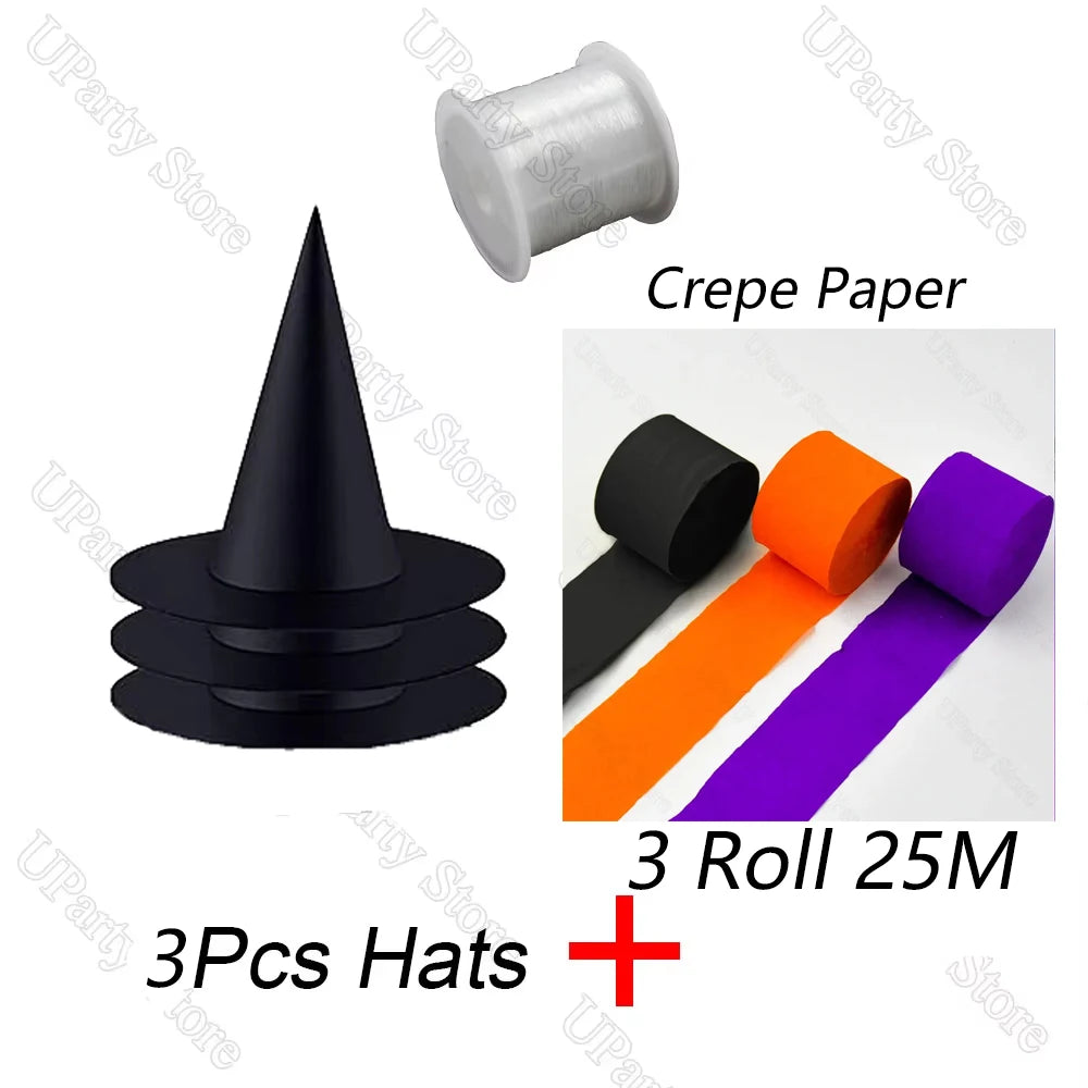 Three black witch hats with hanging rope for Halloween décor