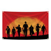 Silhouette of five figures walking across a fiery orange and yellow sunset background on a red flag tapestry
