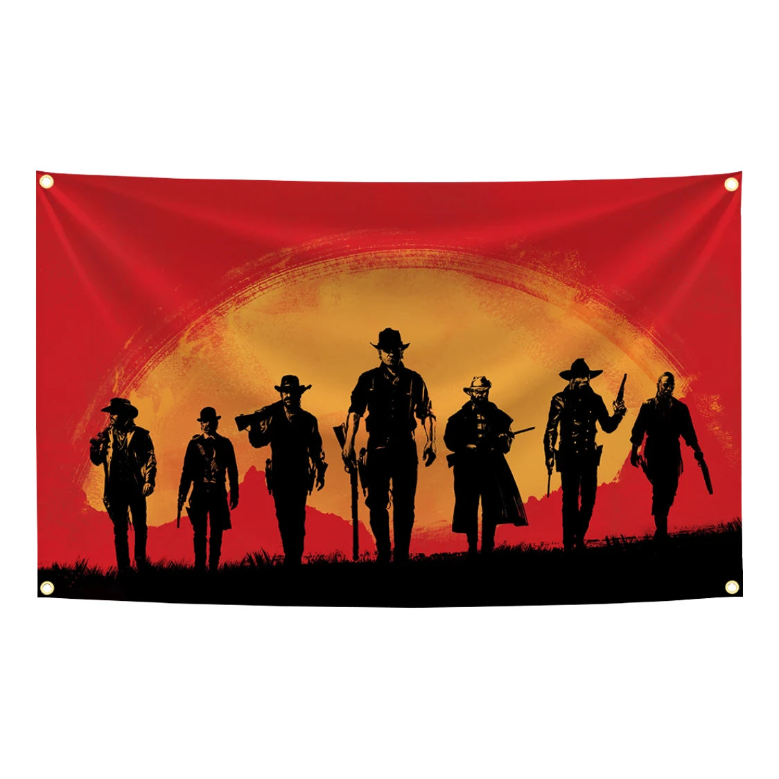 Silhouette of five figures walking across a fiery orange and yellow sunset background on a red flag tapestry
