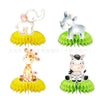 Set of four cute animal figures including an elephant, giraffe, and tiger on green and yellow foliage for birthday decoration