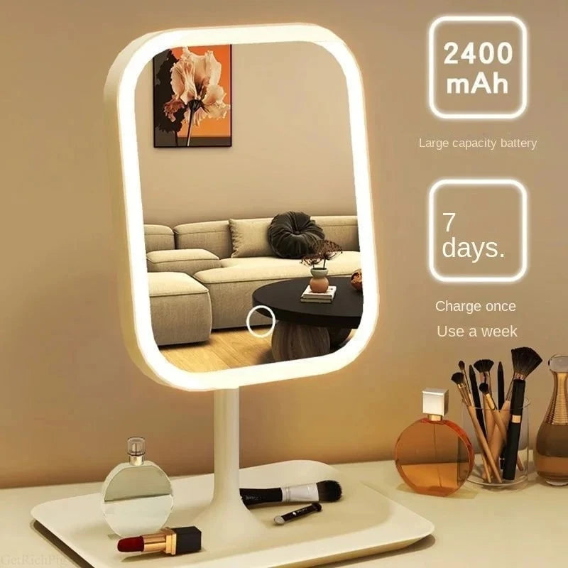 A white LED makeup vanity mirror with a rounded frame and a large capacity battery indicator.