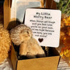 A small brown plush bear sits in a cardboard box with an encouraging card inside.
