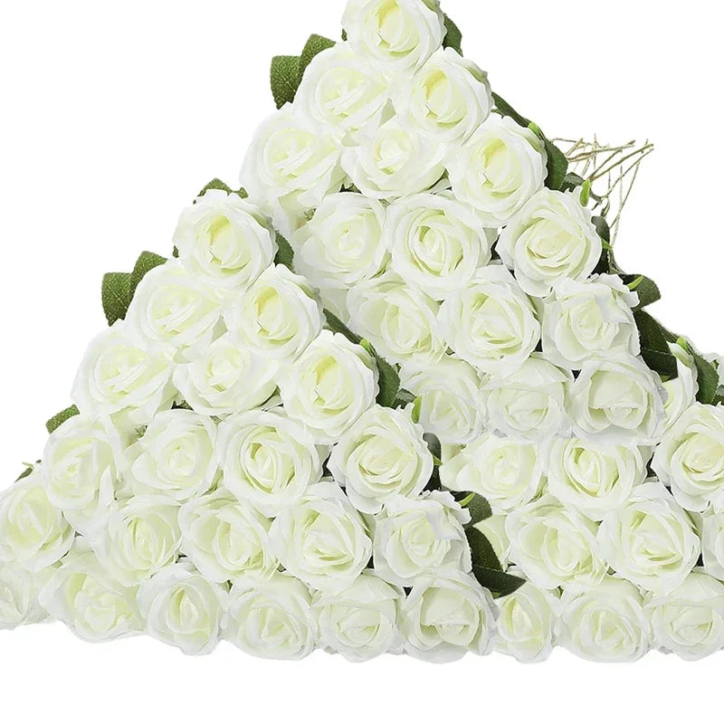 A bouquet of white velvet artificial roses, 50 stems, arranged for weddings and home décor.
