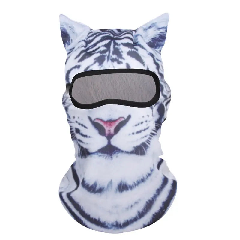 A white and gray tiger face balaclava with ears and a black visor