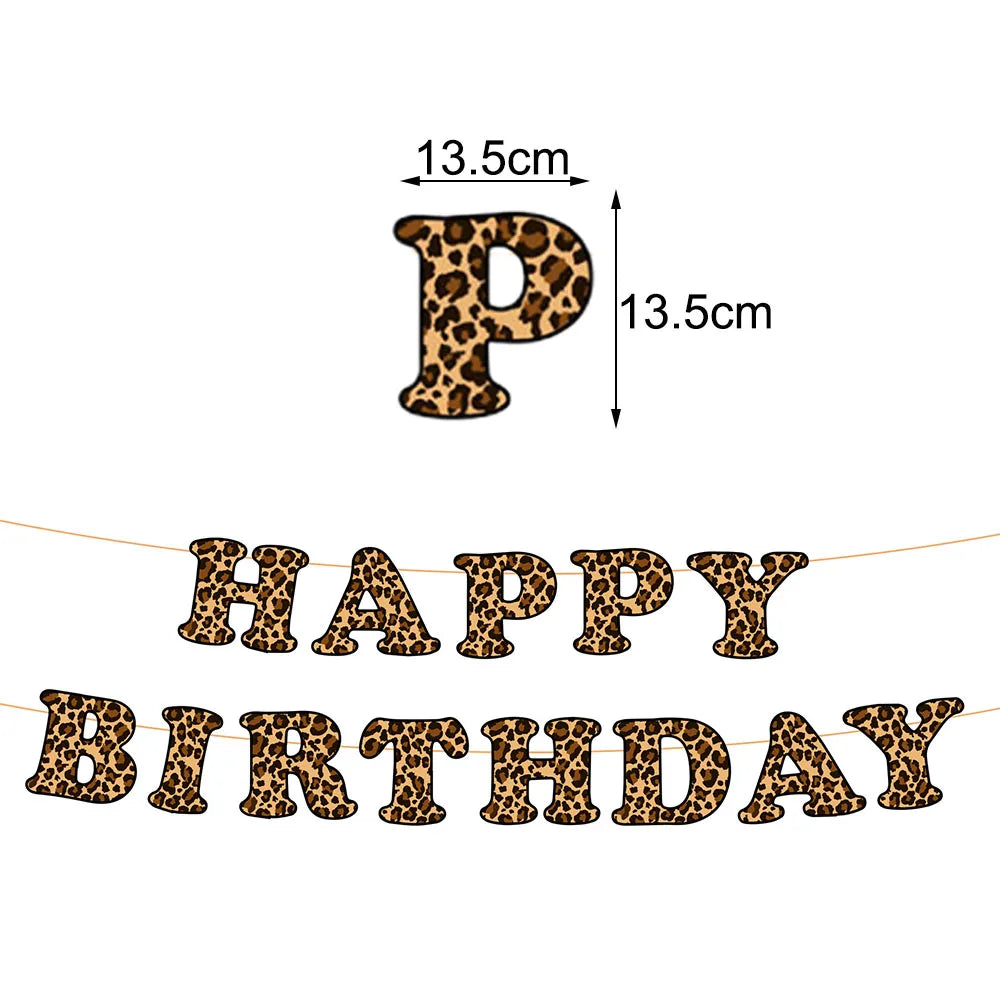 A set of leopard print foil balloon party decorations featuring the letter P and the words HAPPY BIRTHDAY.