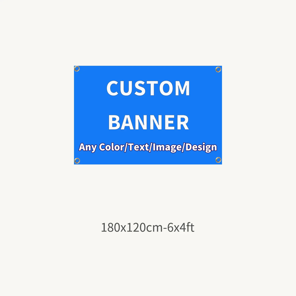 A blue banner sign with white text that reads CUSTOM BANNER Any Color/Text/Image/Design