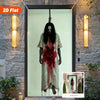 A spooky 2D Halloween door banner featuring a figure with a blood splatter effect displayed in a modern doorway.