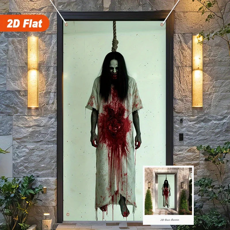 A spooky 2D Halloween door banner featuring a figure with a blood splatter effect displayed in a modern doorway.