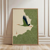 Frameless Japanese tree art canvas print featuring a green bird silhouette against a textured olive green background