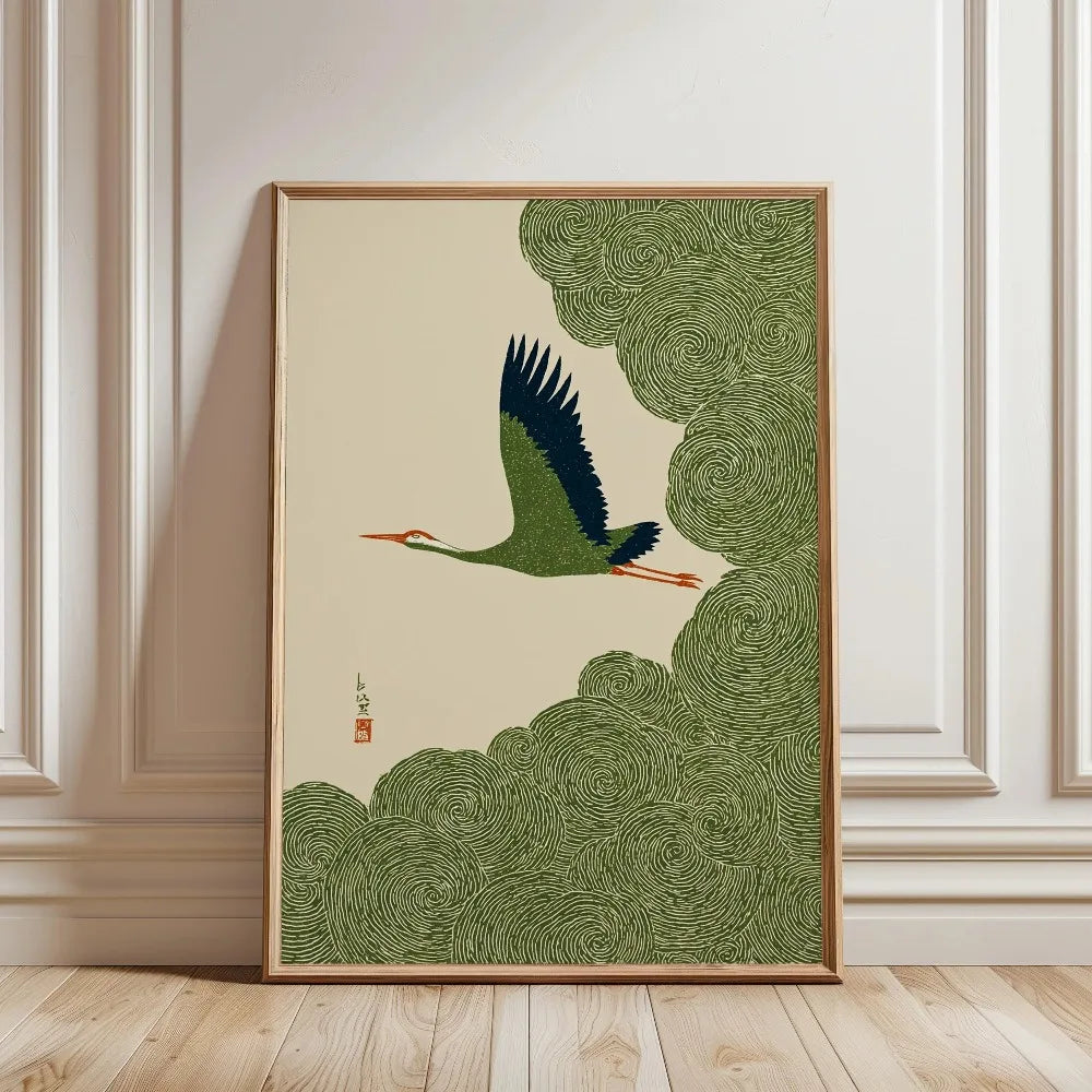 Frameless Japanese tree art canvas print featuring a green bird silhouette against a textured olive green background