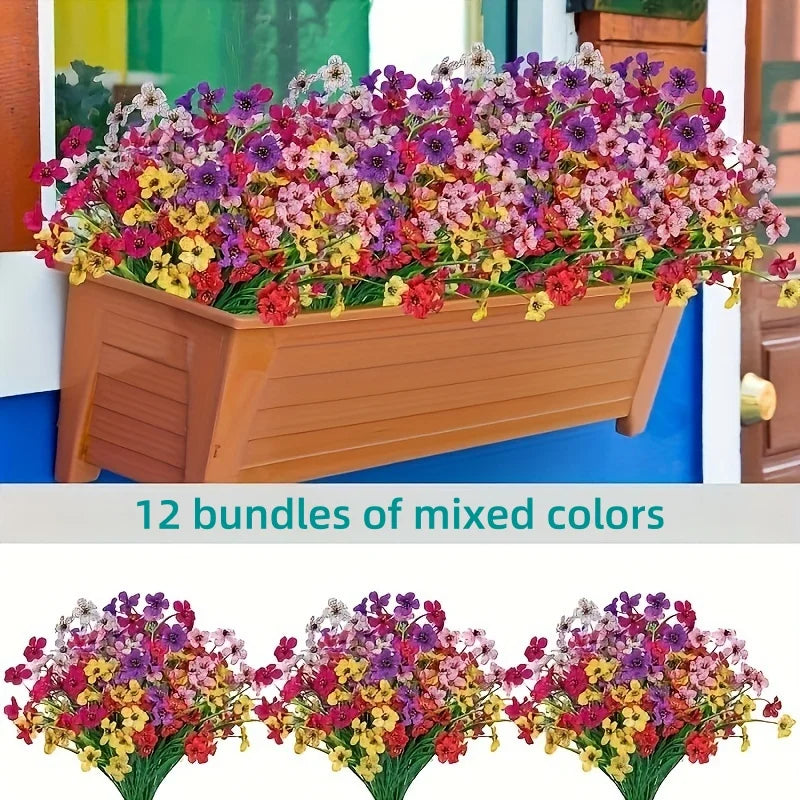 A display of 12 bundles of mixed colorful artificial flowers in a wooden planter box.