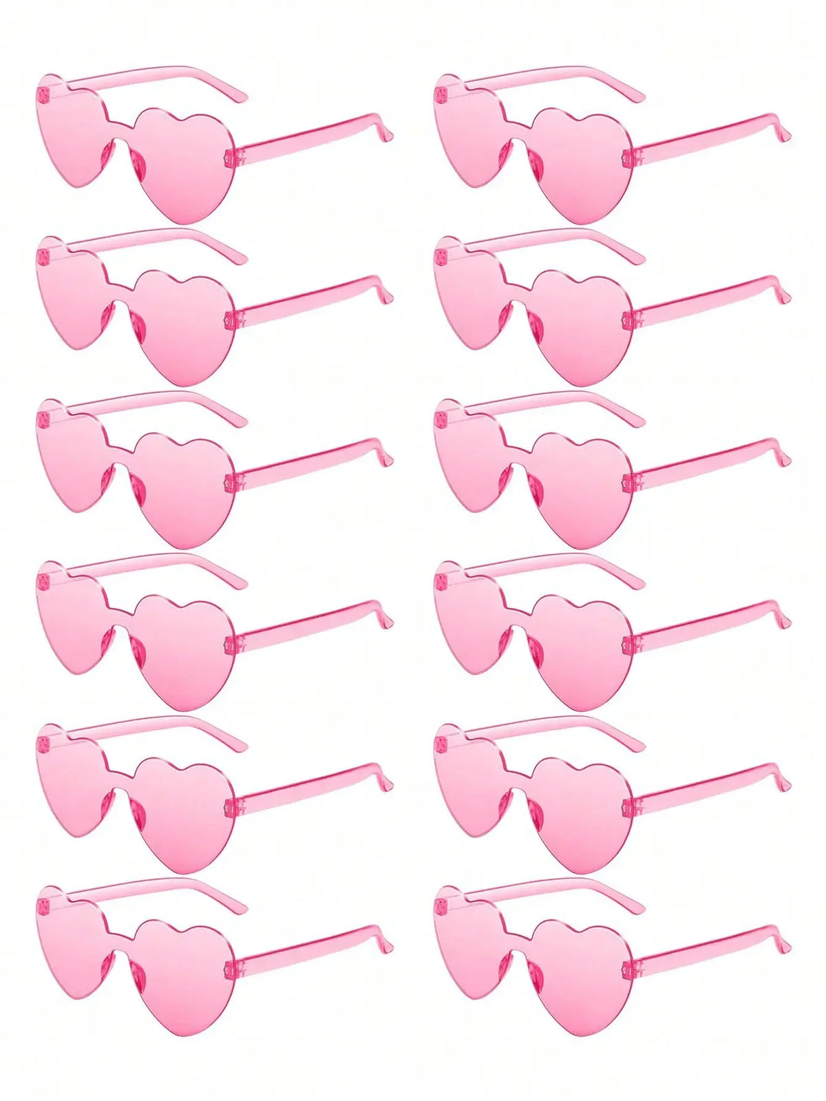 A set of pink heart-shaped rimless sunglasses for women and men shown in various styles.