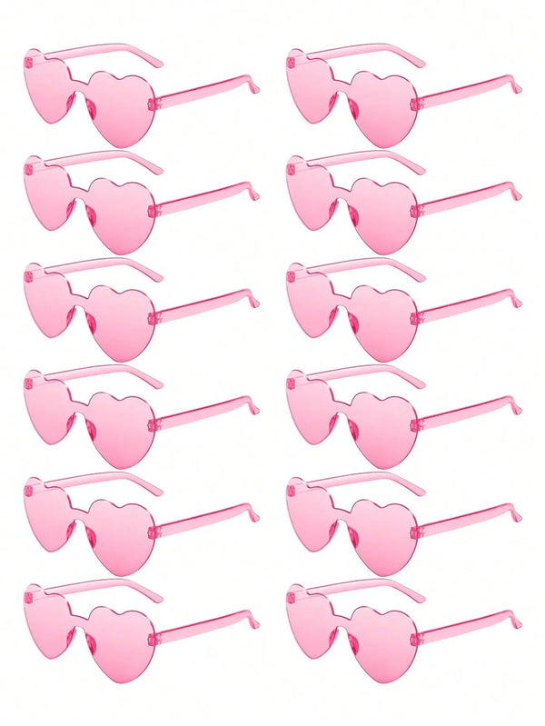 A set of pink heart-shaped rimless sunglasses for women and men shown in various styles.