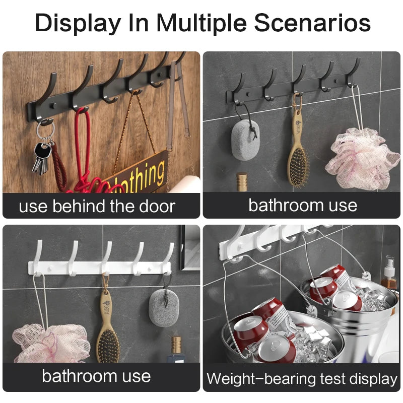 Exhibición en múltiples escenarios de un perchero de pared negro resistente usado detrás de una puerta y en el baño.