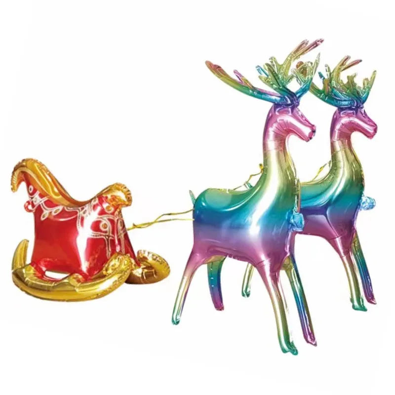 A set of two foil balloons shaped like deer, colored in iridescent green and pink hues.