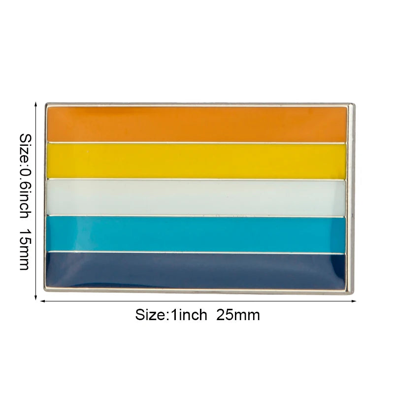 A rectangular lapel pin featuring five horizontal stripes of color: orange, yellow, white, light blue, and dark blue.