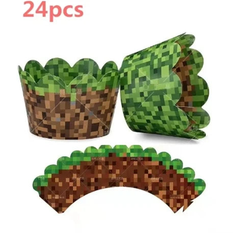 A set of 24 Minecraft-themed party supplies including flag pulling cake toppers and tableware.