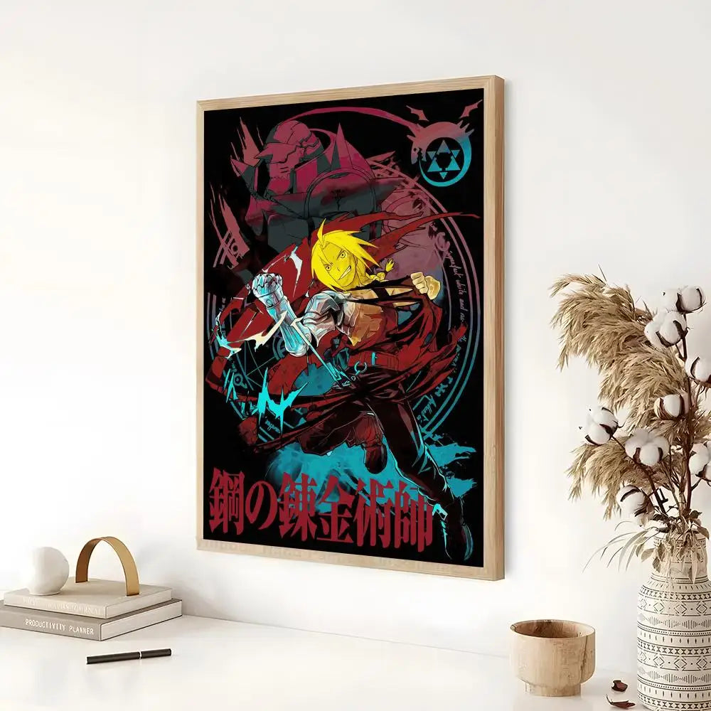 Anime poster featuring characters from Fullmetal Alchemist in a dark, dramatic style with red and orange tones.