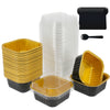 A set of reusable aluminum foil baking cups with lids and spoons in clear, gold, and black.