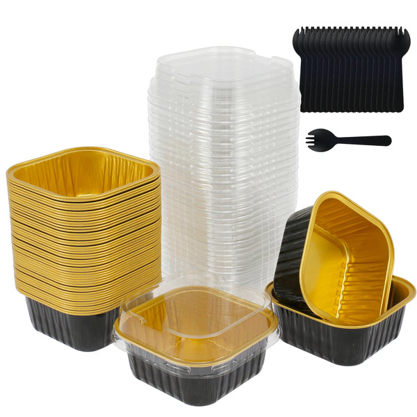 A set of reusable aluminum foil baking cups with lids and spoons in clear, gold, and black.