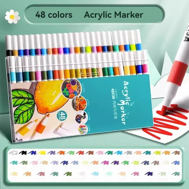 A set of 48 colored acrylic markers in a plastic case, displayed next to a white sheet of paper.