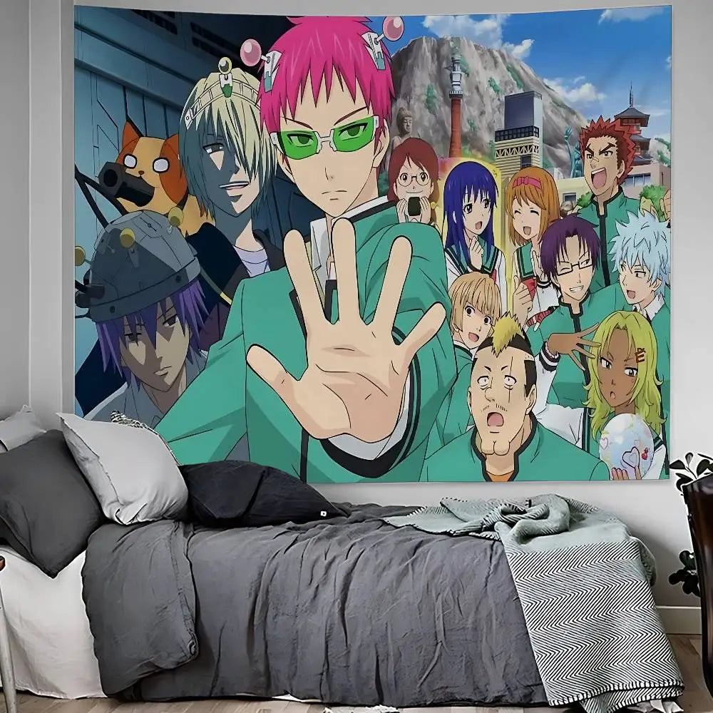 Anime tapestry wall hanging featuring characters from The Disastrous Life of Saiki K.