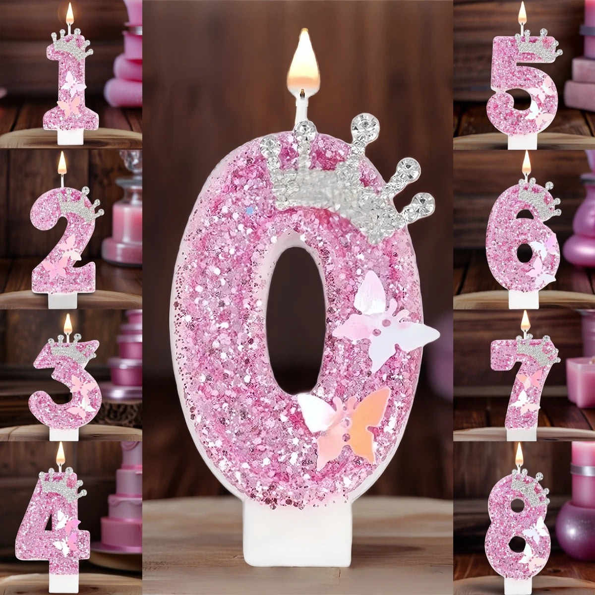 A large pink glitter candle shaped like the number 0 decorated with a crown and butterflies