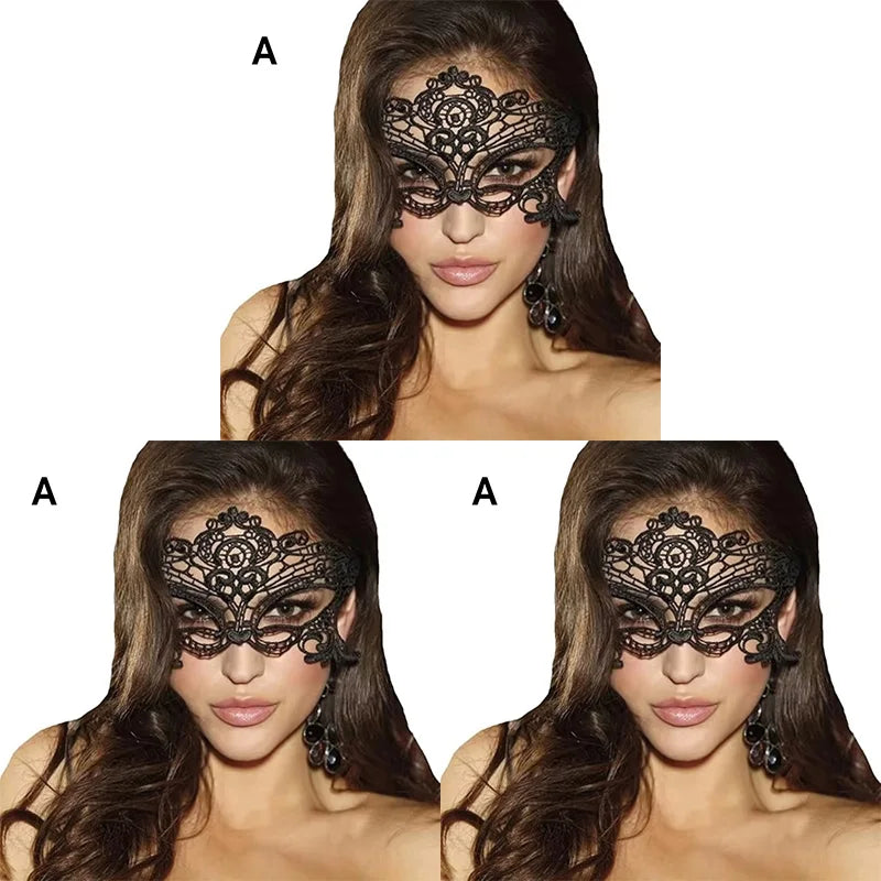 A model wearing an elegant black lace masquerade mask with dangling earrings.