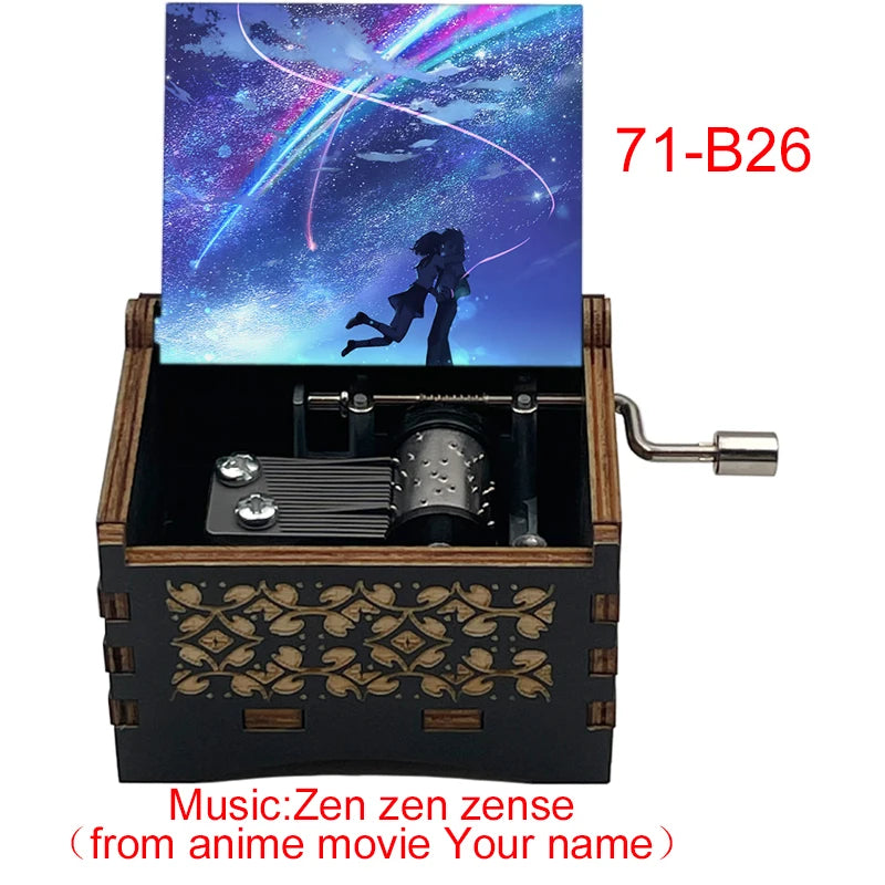 Adorno de caja musical de madera con pantalla que muestra una vibrante escena de anime con el título 71-B26