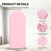 A pink fabric backdrop cover is displayed, showing its soft texture and elastic fit for an archway.