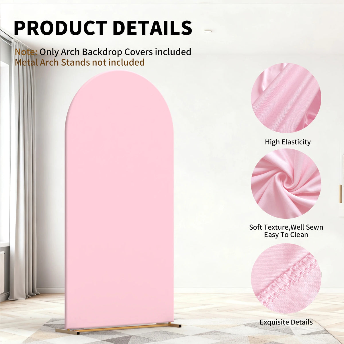 A pink fabric backdrop cover is displayed, showing its soft texture and elastic fit for an archway.