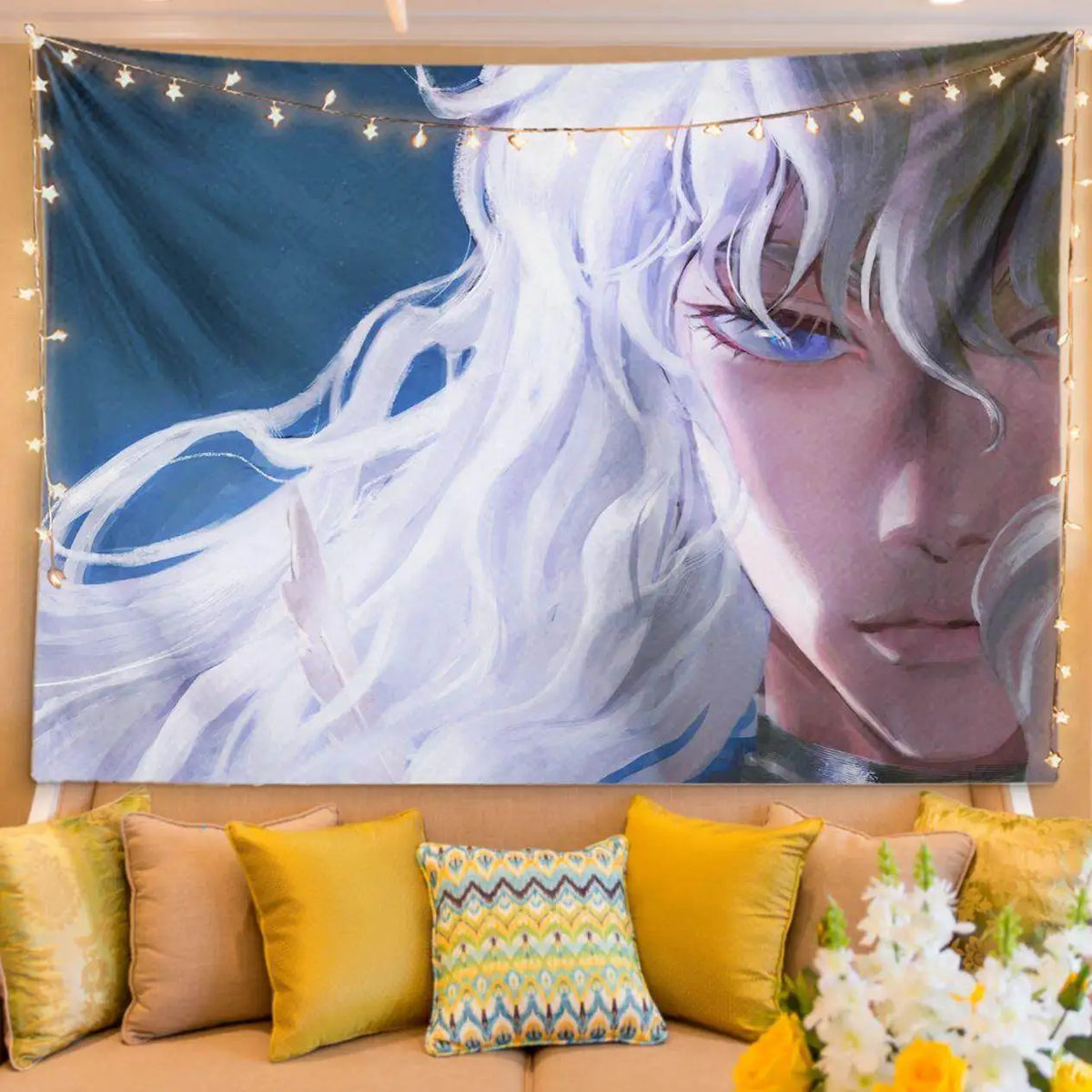 A tapestry featuring a manga-style illustration of a white-haired character against a blue background, displayed with yellow 