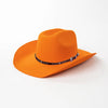 An orange classic wool cowboy hat with a black studded leather band.