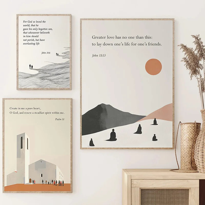 A set of three framed canvas wall art pieces featuring Christian Bible verses and religious imagery.