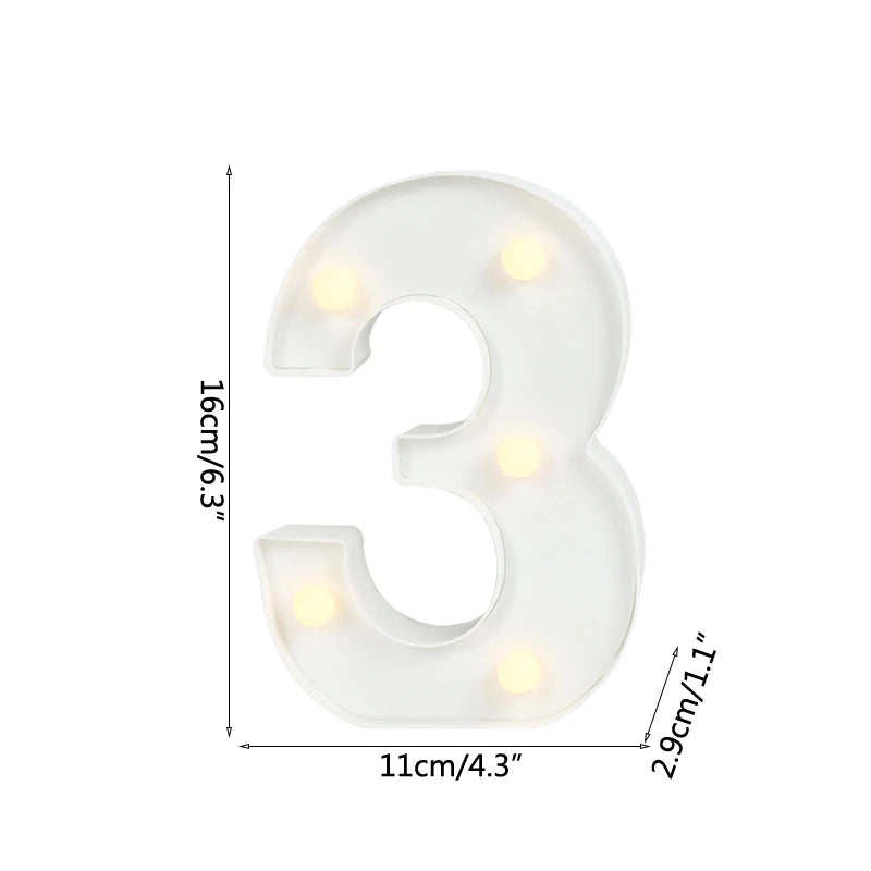 A white alphabet letter light shaped like the number three with warm white LED lights.