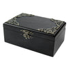 A black hand-cranked wooden music box with ornate gold detailing on the lid.