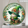A circular flat print featuring a whimsical garden gnome wearing a green hat and surrounded by colorful flowers and foliage.