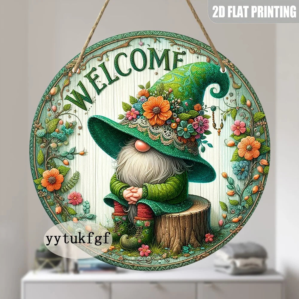 A circular flat print featuring a whimsical garden gnome wearing a green hat and surrounded by colorful flowers and foliage.