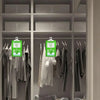 A row of hanging moisture absorber bags displayed in a closet or wardrobe shelving unit.