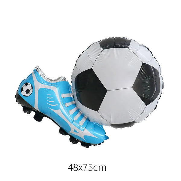 A blue and white standing foil soccer trophy balloon with a soccer ball attached.
