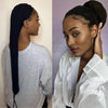 A woman models a black stretchy hair net cap with a drawstring sleeve and dreadlocks, shown in two different lighting conditi