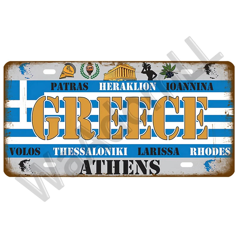 Vintage metal tin sign featuring Greek city names and the word GREECE in distressed blue and gold lettering
