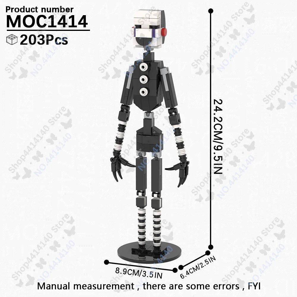 A black and white collectible DIY model of a character with a square head and body, shown standing upright.