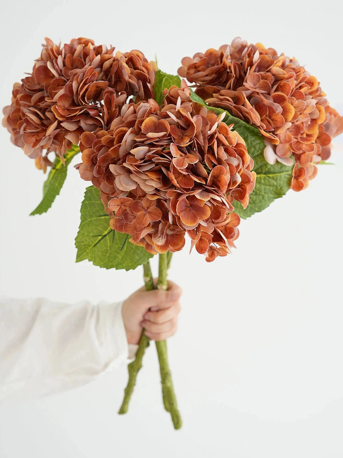 A hand holds a cluster of dried, reddish-brown hydrangea silk flower branches.