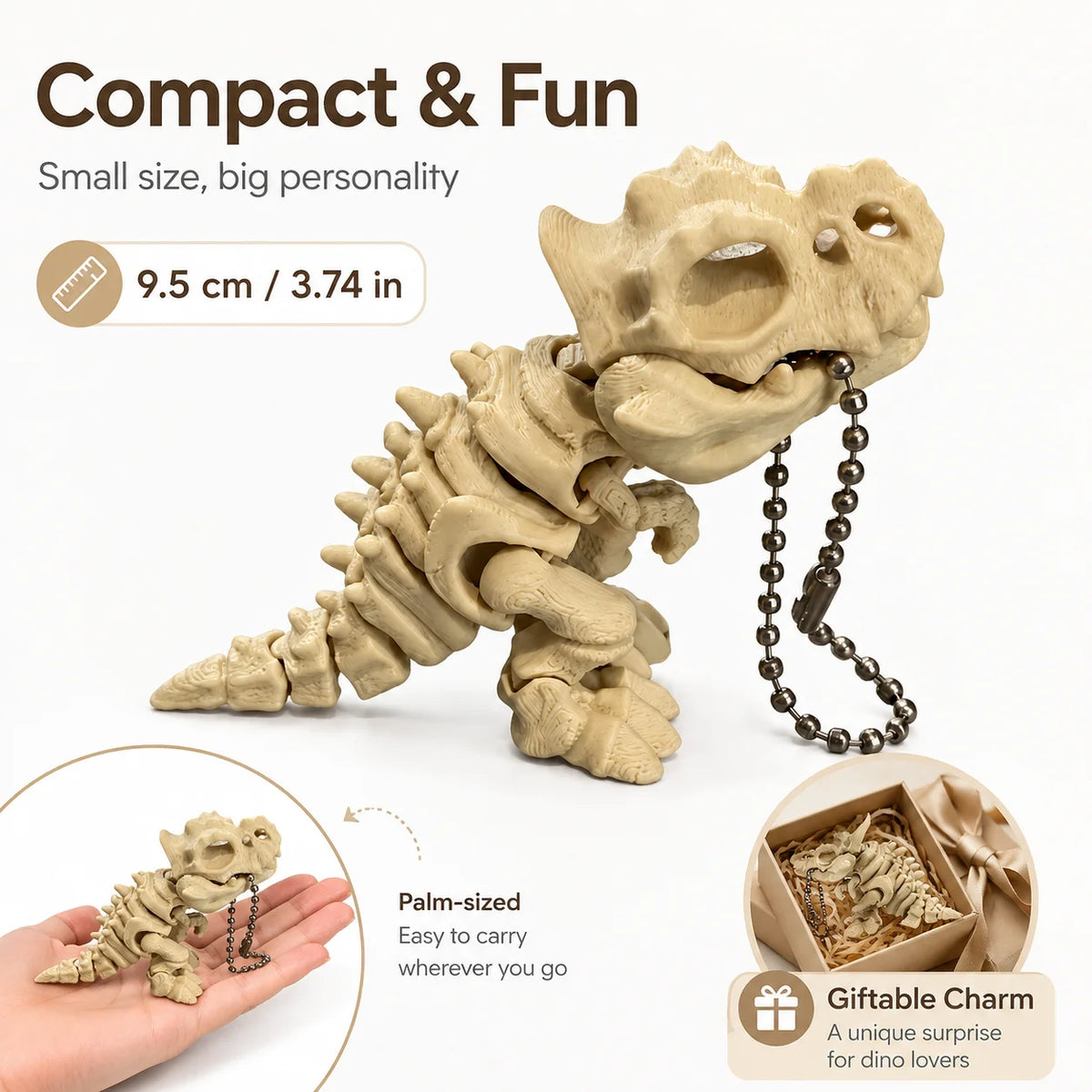 A small, light beige 3D printed T-Rex skeleton model with articulated joints shown next to a hand and in its packaging.