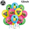 A set of 20 balloons featuring tropical designs like pineapples and leaves in various bright colors for a luau party.