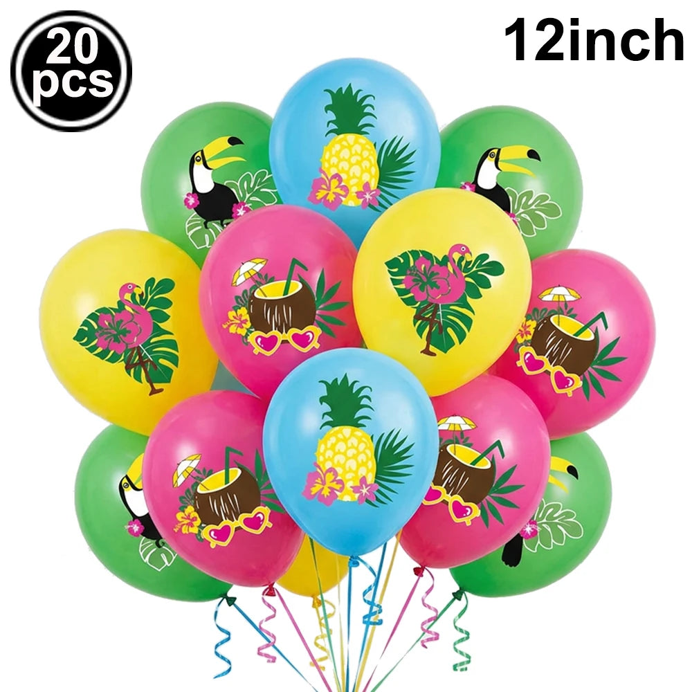 A set of 20 balloons featuring tropical designs like pineapples and leaves in various bright colors for a luau party.